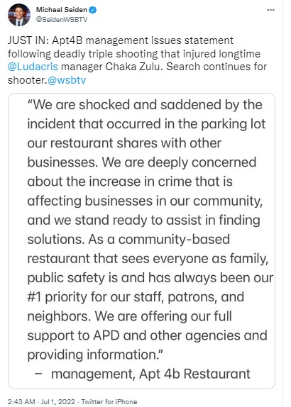Apt4B management issues statement following deadly triple shooting