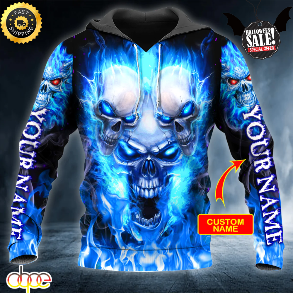 angry blue fire halloween skull custom name 3d printed hoodie