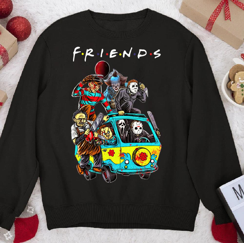 Friends Freddy Pennywise Jason Ghost Face Chucky In Car Horror Movie Halloween Sweatshirt