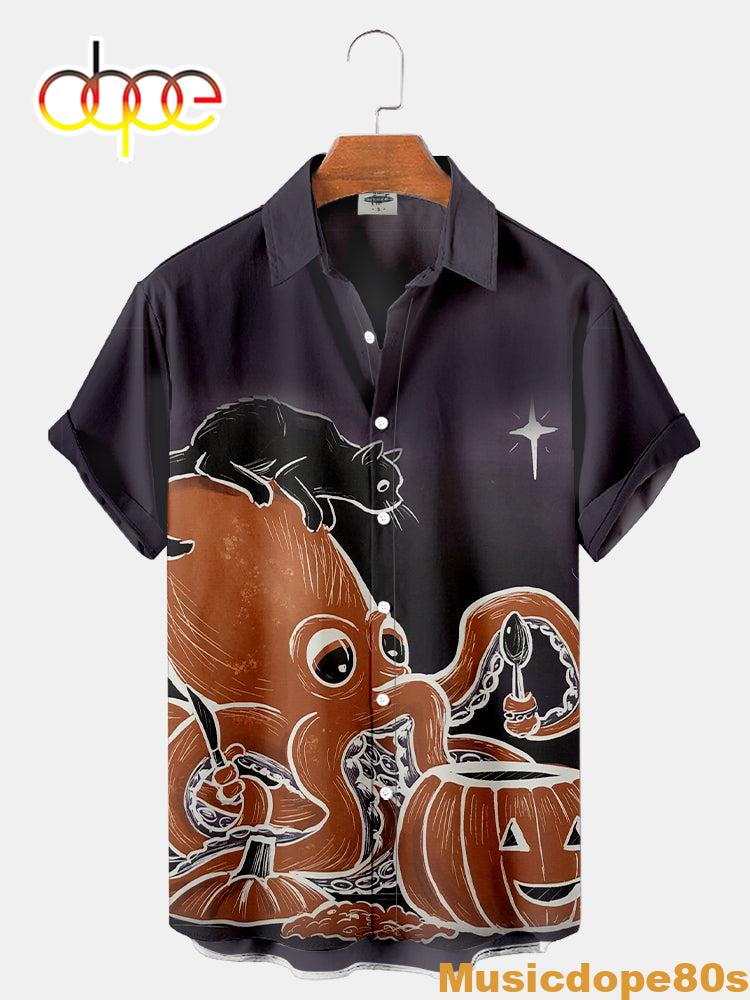 Halloween Octopus Cat And Pumpkin Print Shirt