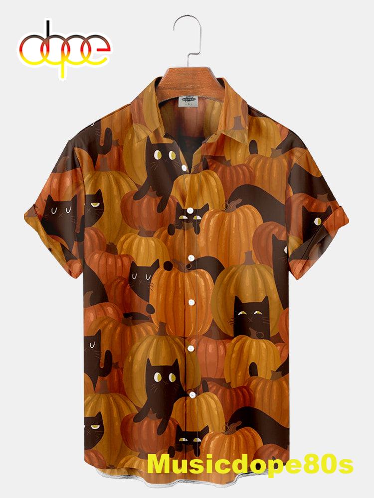 Halloween Pumpkin And Cat Print Shirt