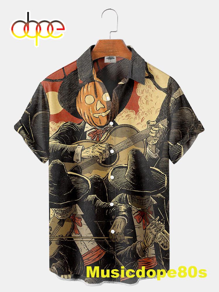 Halloween Pumpkin And Skull Band Print Shirt