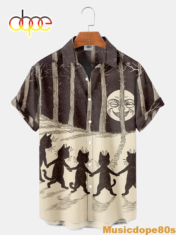 Halloween Tree And Black Cat Print Shirt