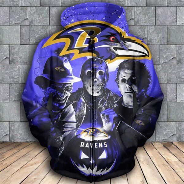 Jason Freddy Myers Baltimore Ravens Halloween 3d All Over Printed Zip Hoodie