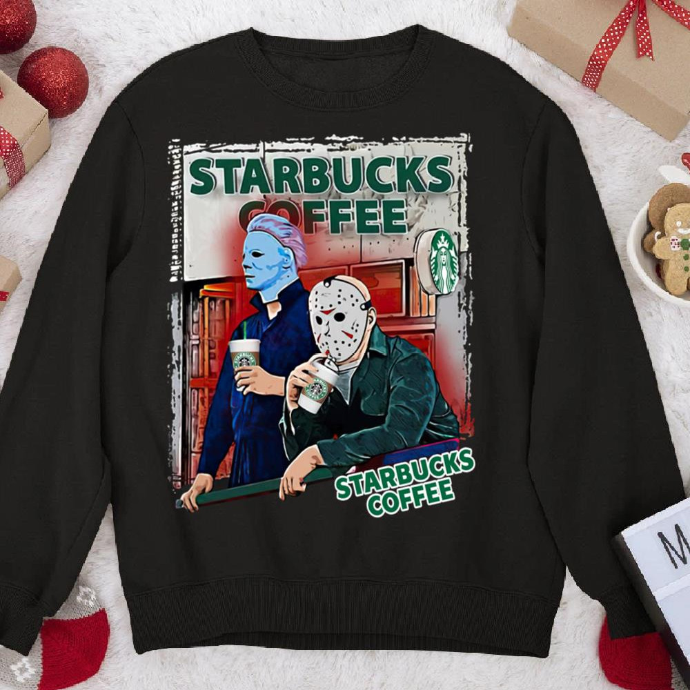 Michael Myers And Jason Voorhees Drink Starbucks Coffee Halloween Horror Sweatshirt