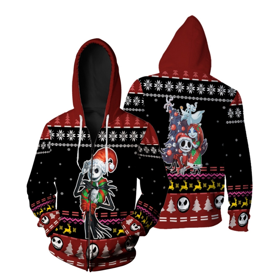 Nightmare before Christmas Jack Skellington Santa Wreath Sally Black 3D Designed Allover Zip Hoodie