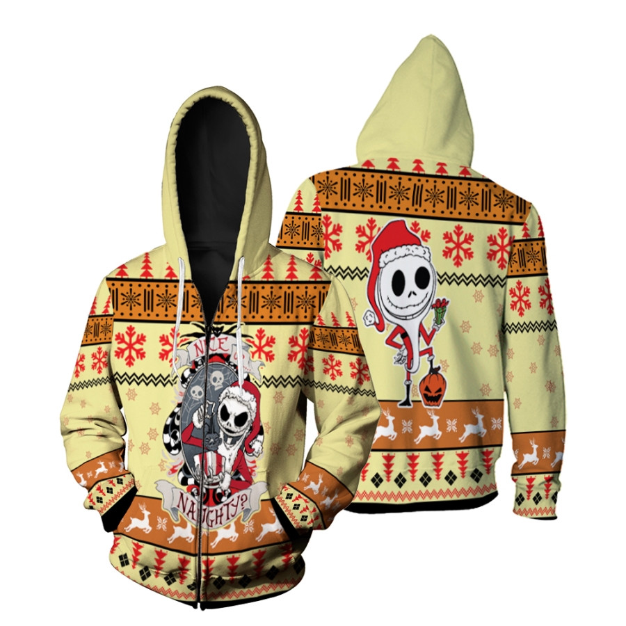 Nightmare before Christmas Nice Or Naughty Jack Skellington Christmas Pattern 3D Designed Allover Zip Hoodie