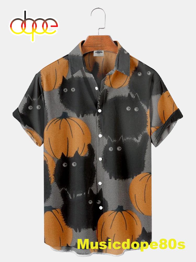Pumpkin And Cat Halloween Print Shirt