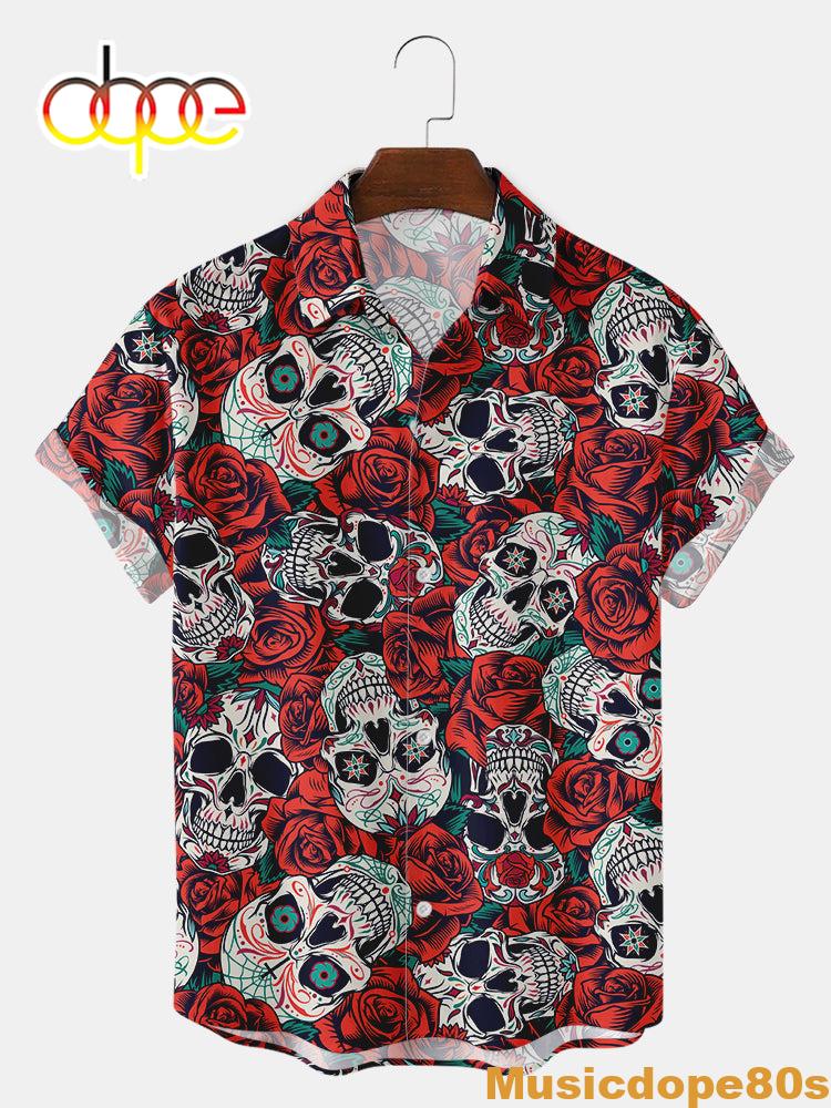 Red Rose And Skull Print Shirts & Tops