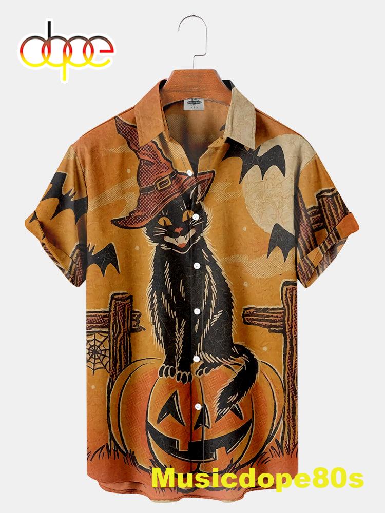 Vintage Halloween Cat Print Shirt