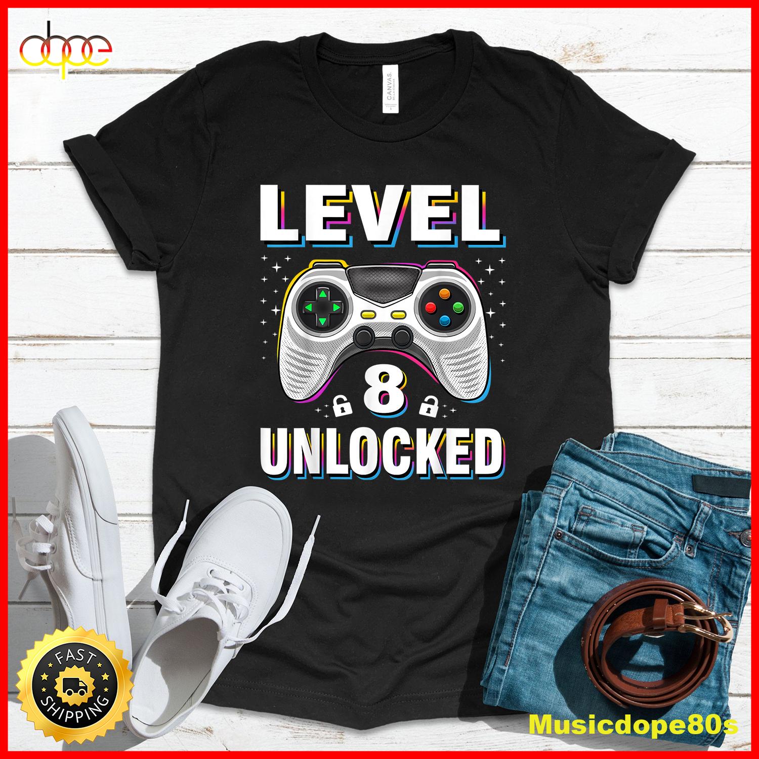 8th Birthday Boy Level 8 Unlocked Video Gamer 8 Years Old T Shirt