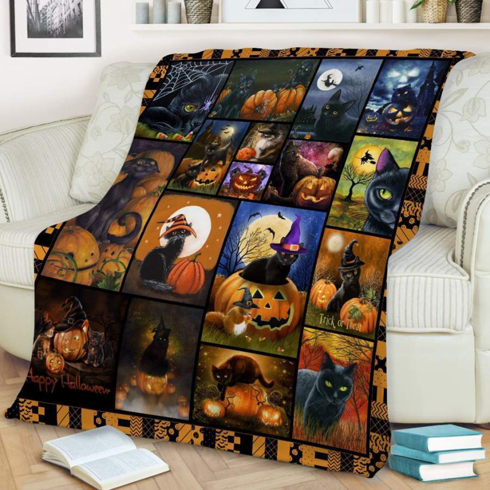 Cat Colorful Halloween Sherpa Blanket Cute Halloween Blanket Gift