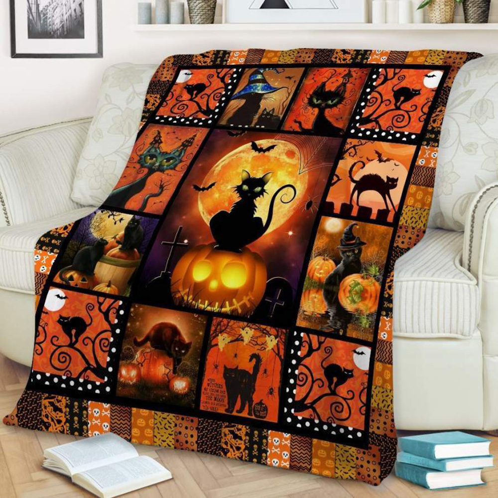 Cat Halloween Sherpa Blanket Gift Black Cat Throw Halloween Adult Blanket