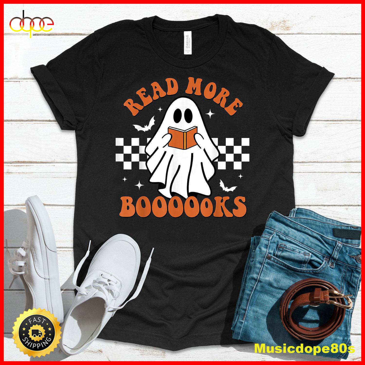 Cute Booooks Ghost Read More Books Funny Teacher Halloween T Shirt