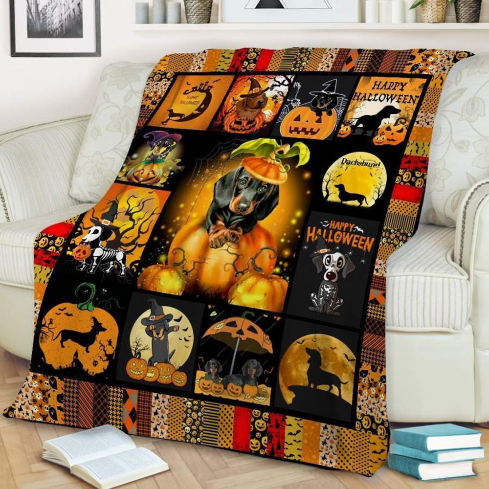 Dachshund Halloween Sherpa Blanket Halloween Throw Gift Pumpkin Throw Blanket