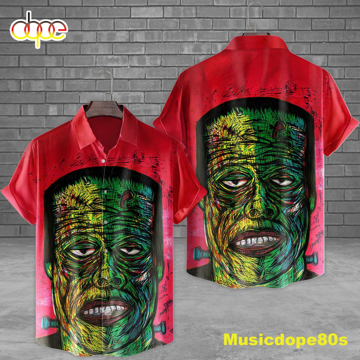 Frankenstein Color Woodcut Art Horror Movie Halloween All Over Print 3D Hawaiian Shirt