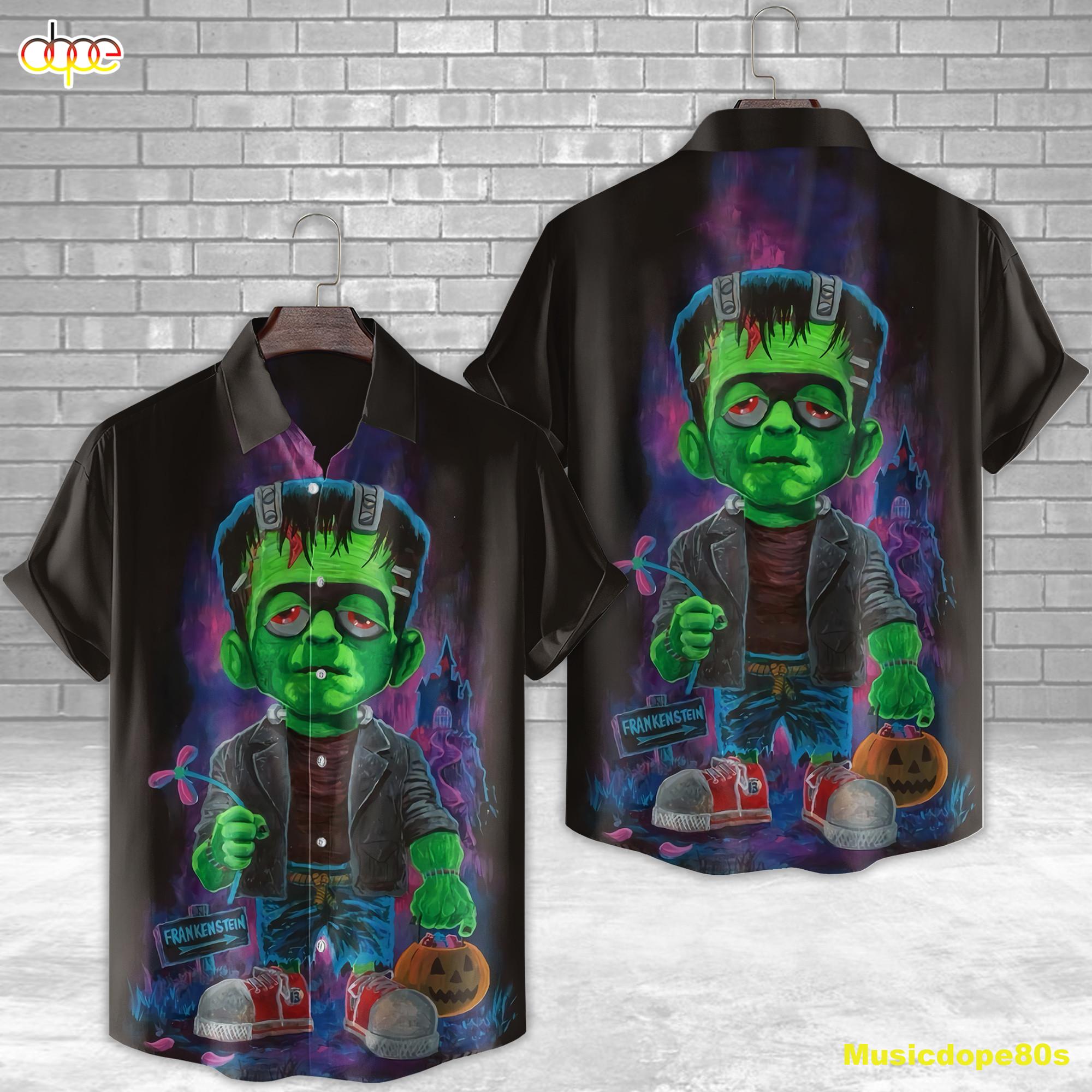 Frankenstein Kid Pumpkin Horror Movie Halloween All Over Print 3D Hawaiian Shirt