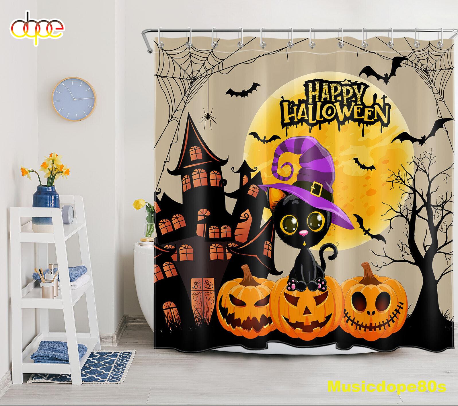 Full Moon Castle Pumpkin Cat Halloween Shower Curtain