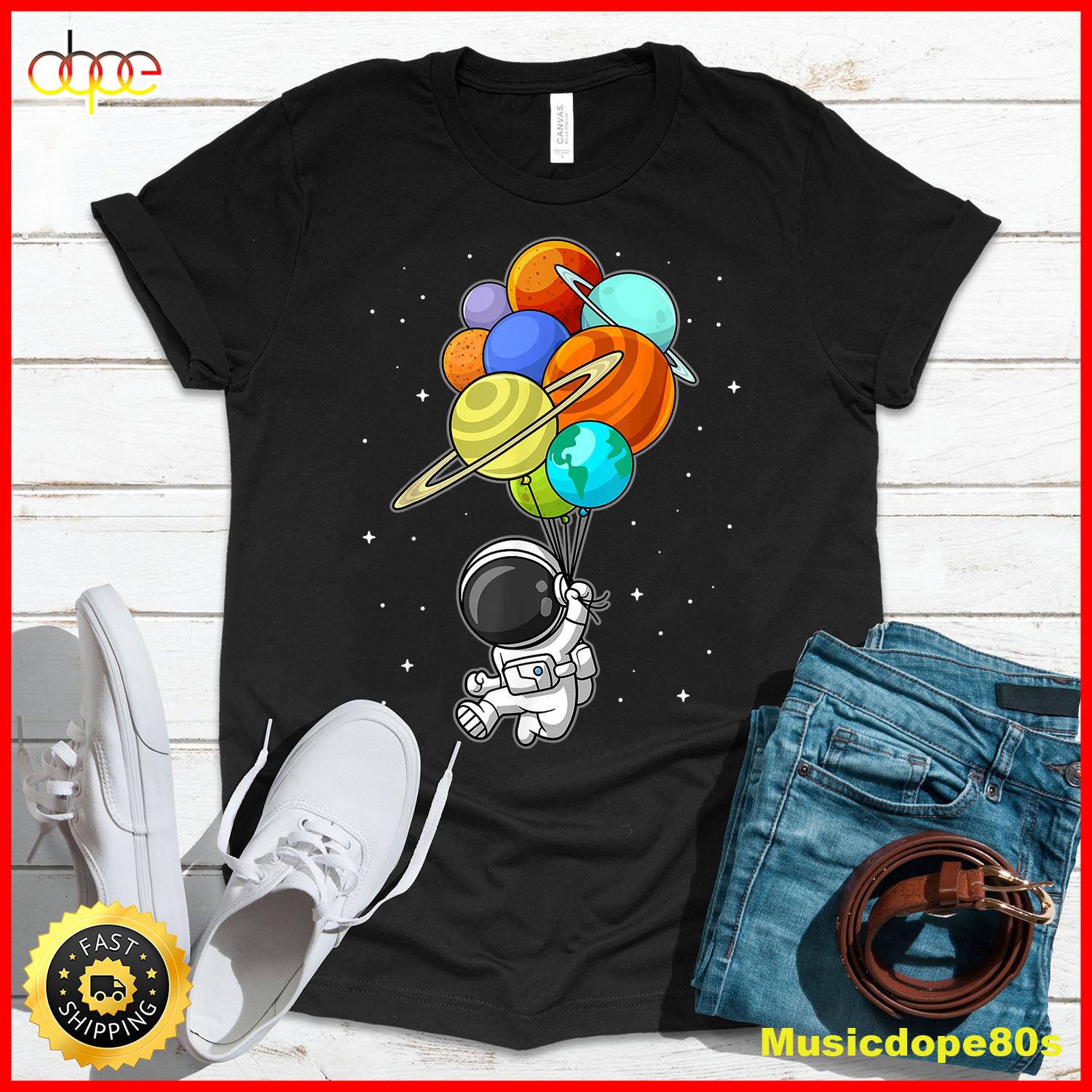 Funny Astronaut Holding Planet Balloons Space Kids Toddler T Shirt