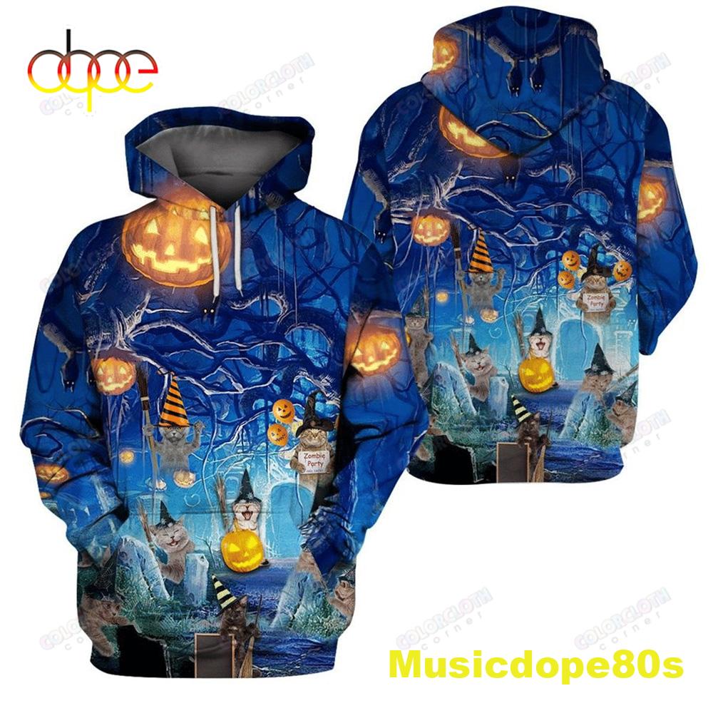 Halloween 2022 Blue Halloween Cat 3D All Over Printed Hoodie And Sweatshirt