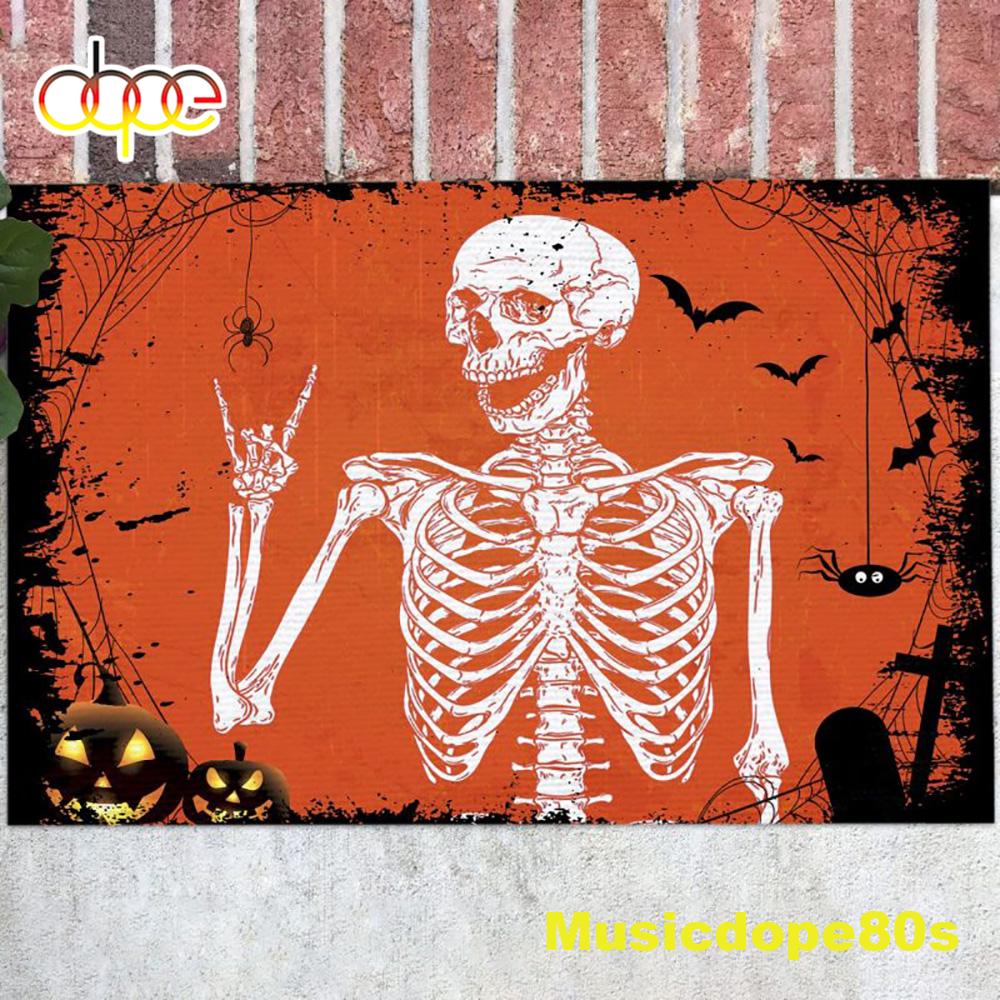 Halloween 2022 Rock And Roll Skeleton Skull Outdoor Indoor Doormat