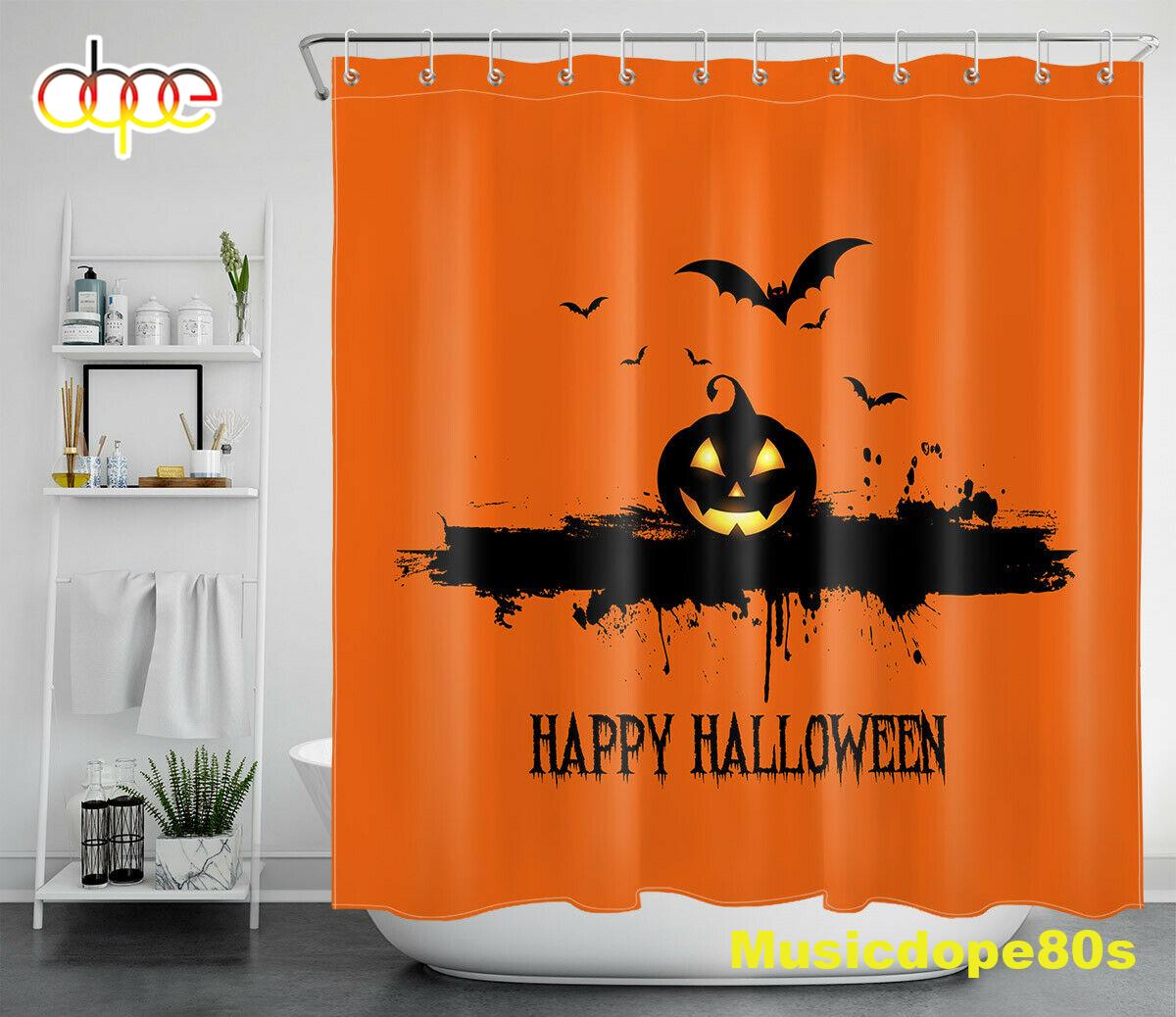 Halloween Abstract Pumpkin Bats Orange Black Waterproof Shower Curtain 1