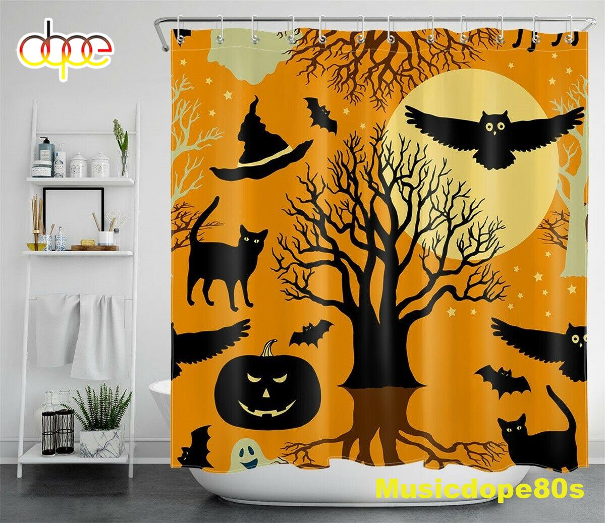 Halloween Abstract Pumpkin Black Cat Owl Waterproof Polyester Shower Curtain 1