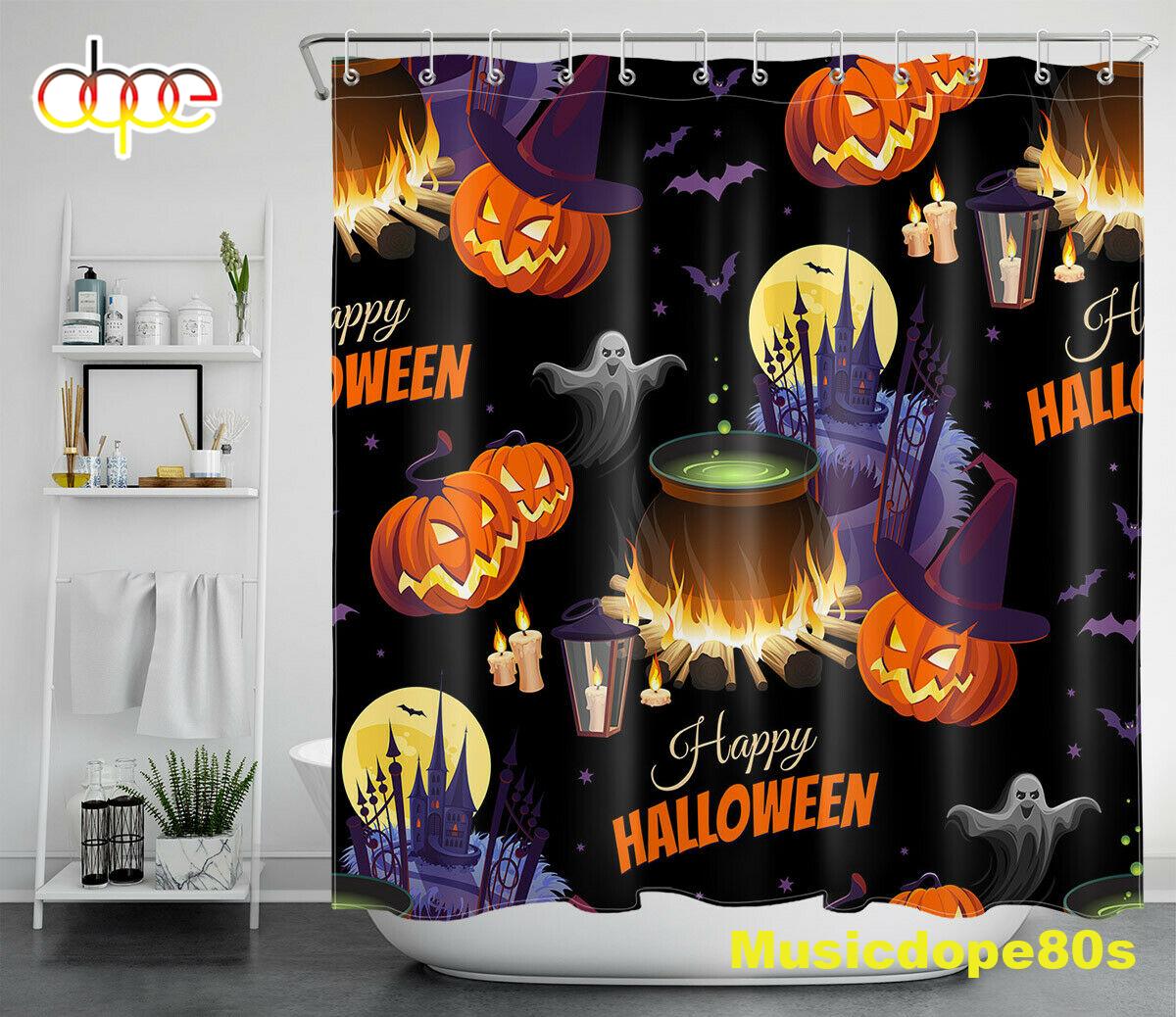 Halloween Cartoon Spooky Pumpkins Cauldron Waterproof Fabric Shower Curtain 1