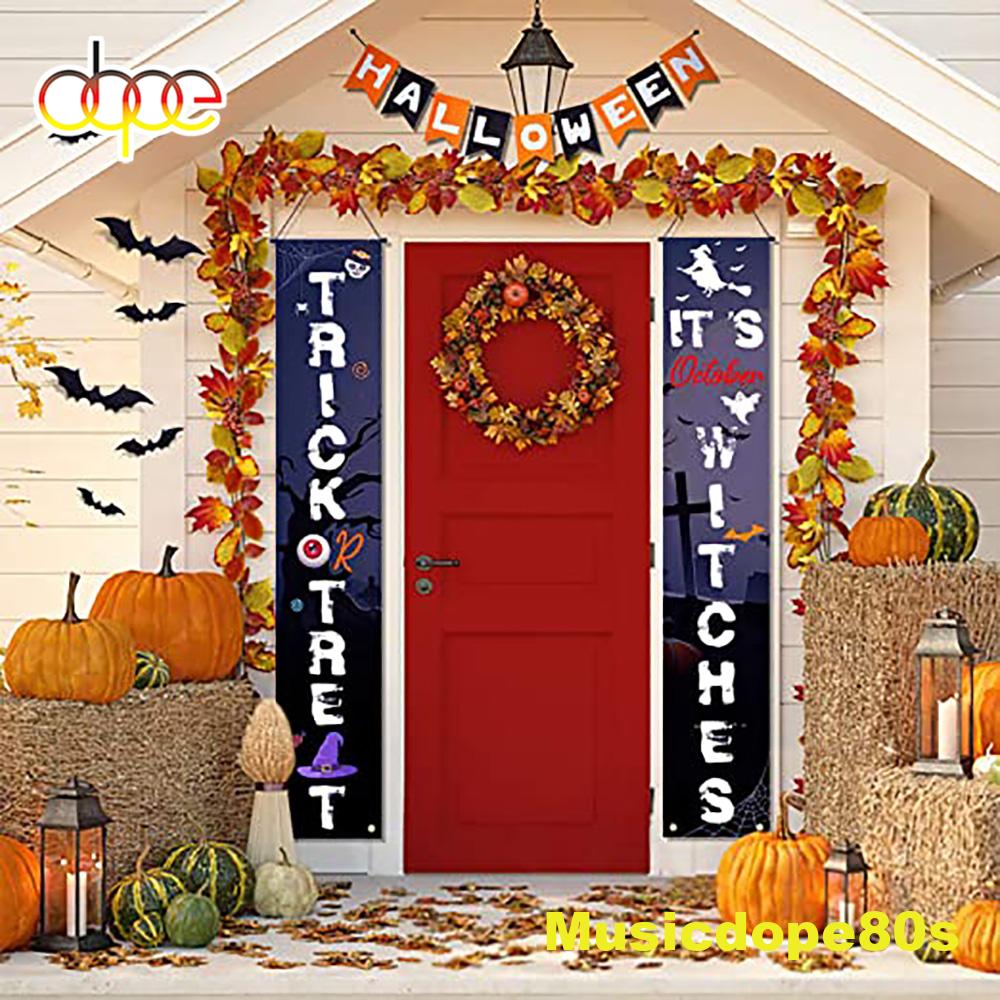 Halloween Decorations Outdoor Trick Or Treat It S October Witches Halloween Door Banner 1