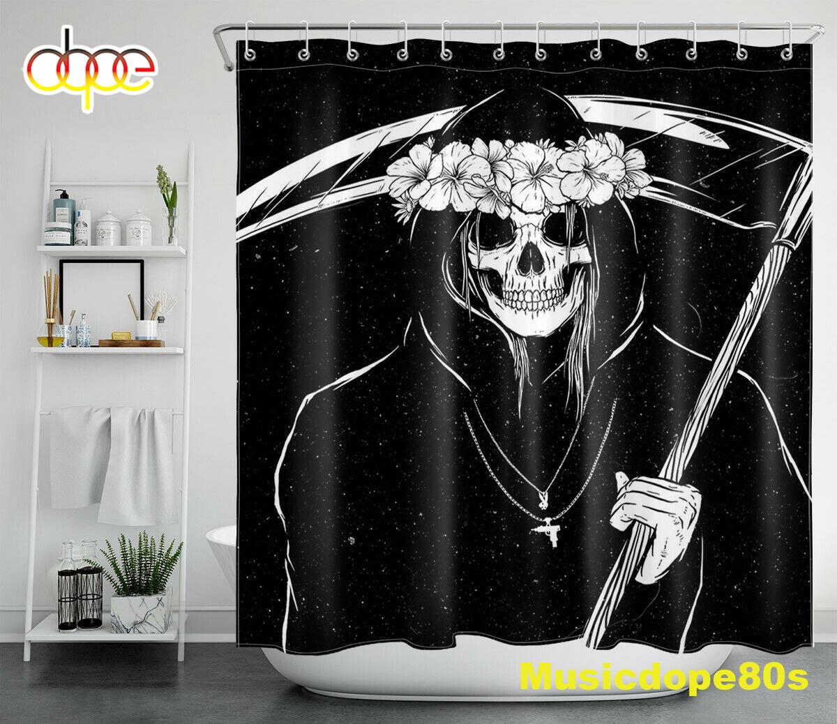 Halloween Grim Reaper Flowers Black White Waterproof Fabric Shower Curtain 1