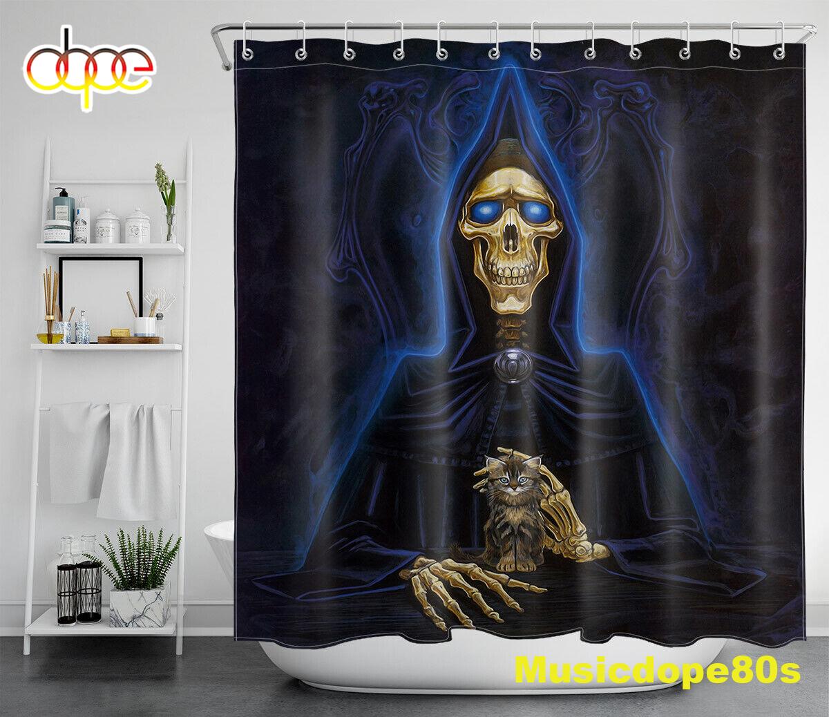 Halloween Grim Reaper Skeleton Cute Cat Waterproof Fabric Shower Curtain 1