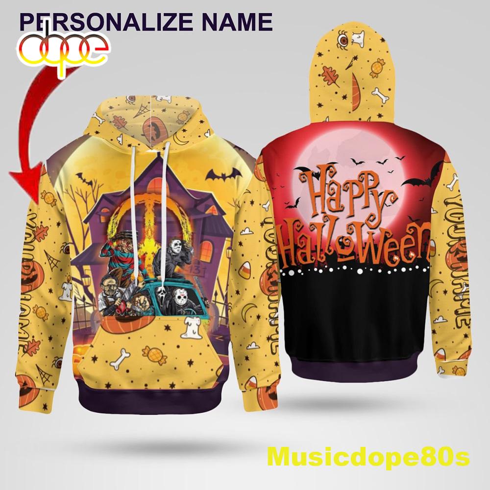 Halloween Horror Characters In Car With House Bat Customized Hoodie 3d