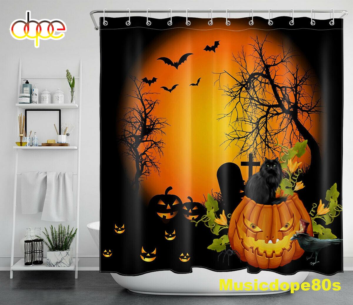 Halloween Horror Night Pumpkin Black Orange Waterproof Fabric Shower Curtain 1