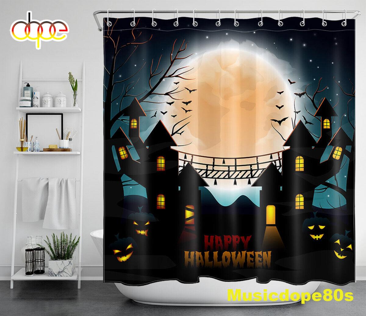 Halloween Moon Night Pumpkin Castle Cartoon Waterproof Fabric Shower Curtain 1