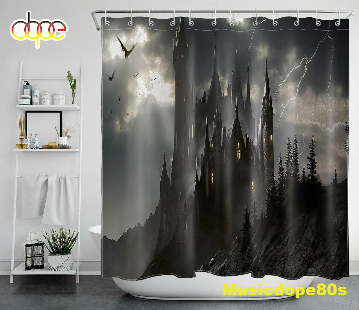 Halloween Night Ancient Castle Lightnings Waterproof Fabric Shower Curtain 1