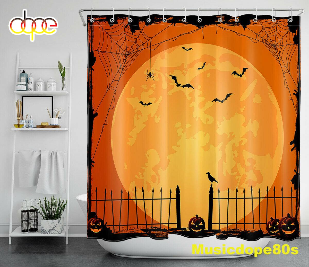 Halloween Night Orange Moon Pumpkins Bats Waterproof Fabric Shower Curtain 1