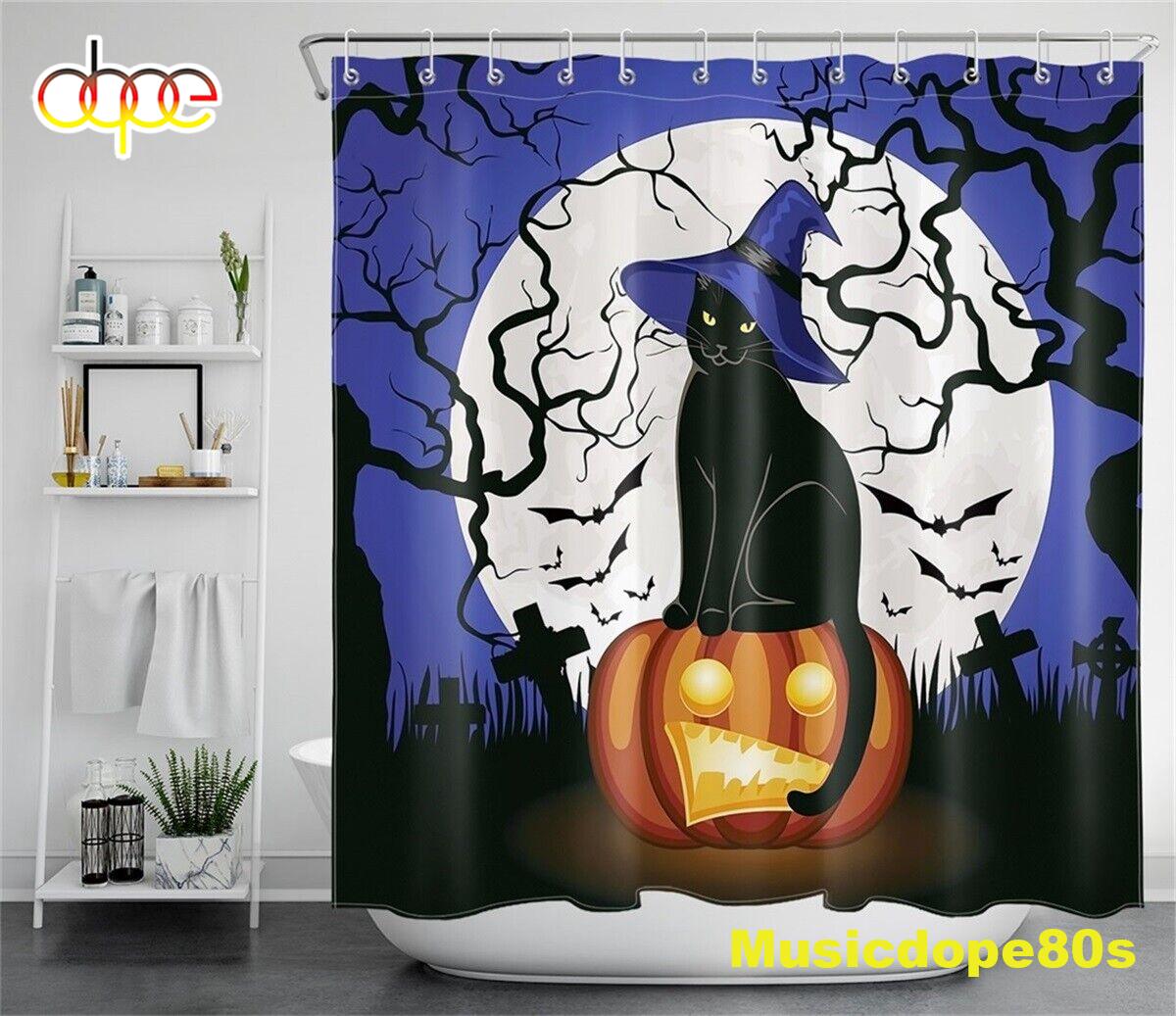 Halloween Night Pumpkin Witch Hat Black Cat Waterproof Fabric Shower Curtain