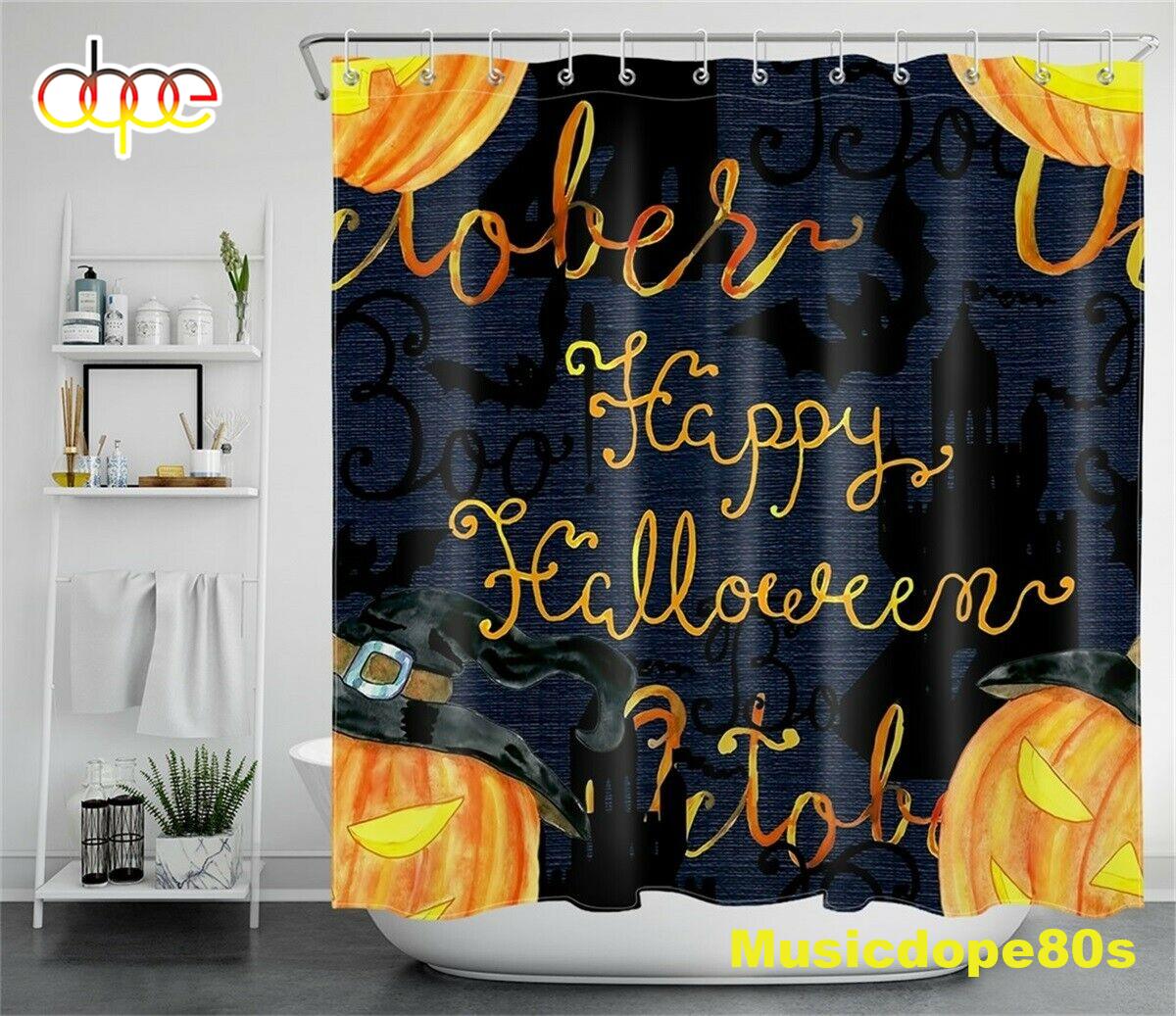 Halloween Night Pumpkins Bats Black Gold Waterproof Fabric Shower Curtain 1