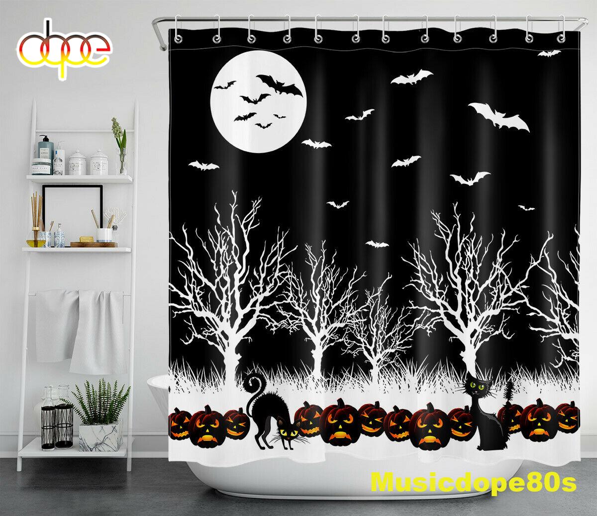 Halloween Night Pumpkins Trees Black White Waterproof Fabric Shower Curtain 1