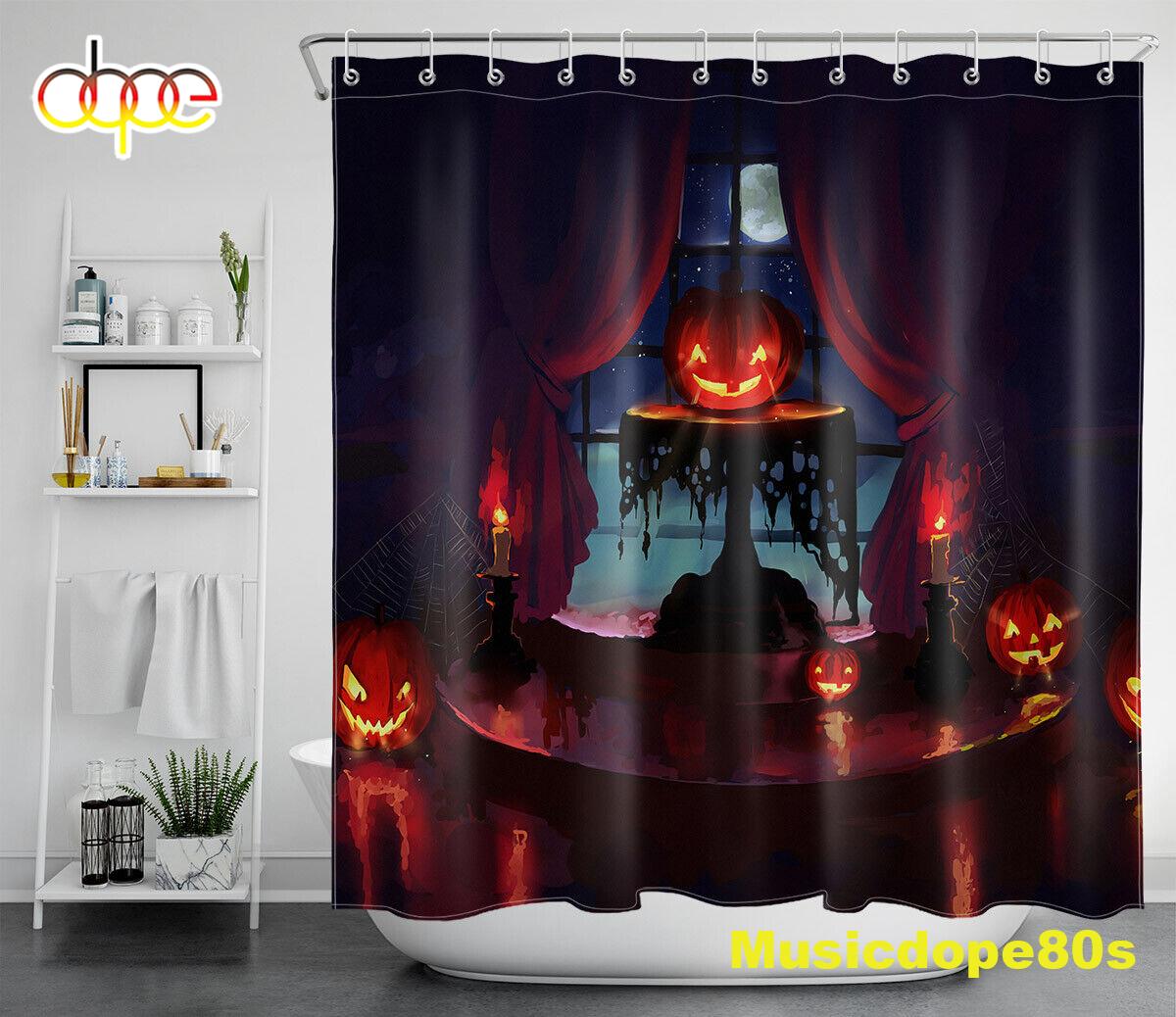 Halloween Night Witch Castle Pumpkin Candle Waterproof Fabric Shower Curtain 1