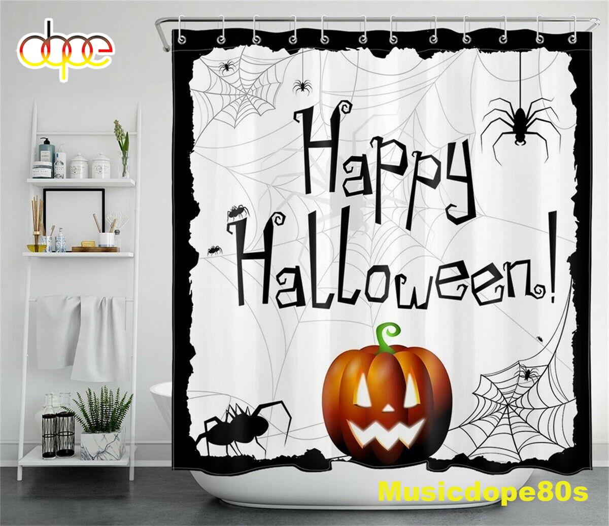Halloween Pumpkin Spider Cobweb Black White Waterproof Fabric Shower Curtain