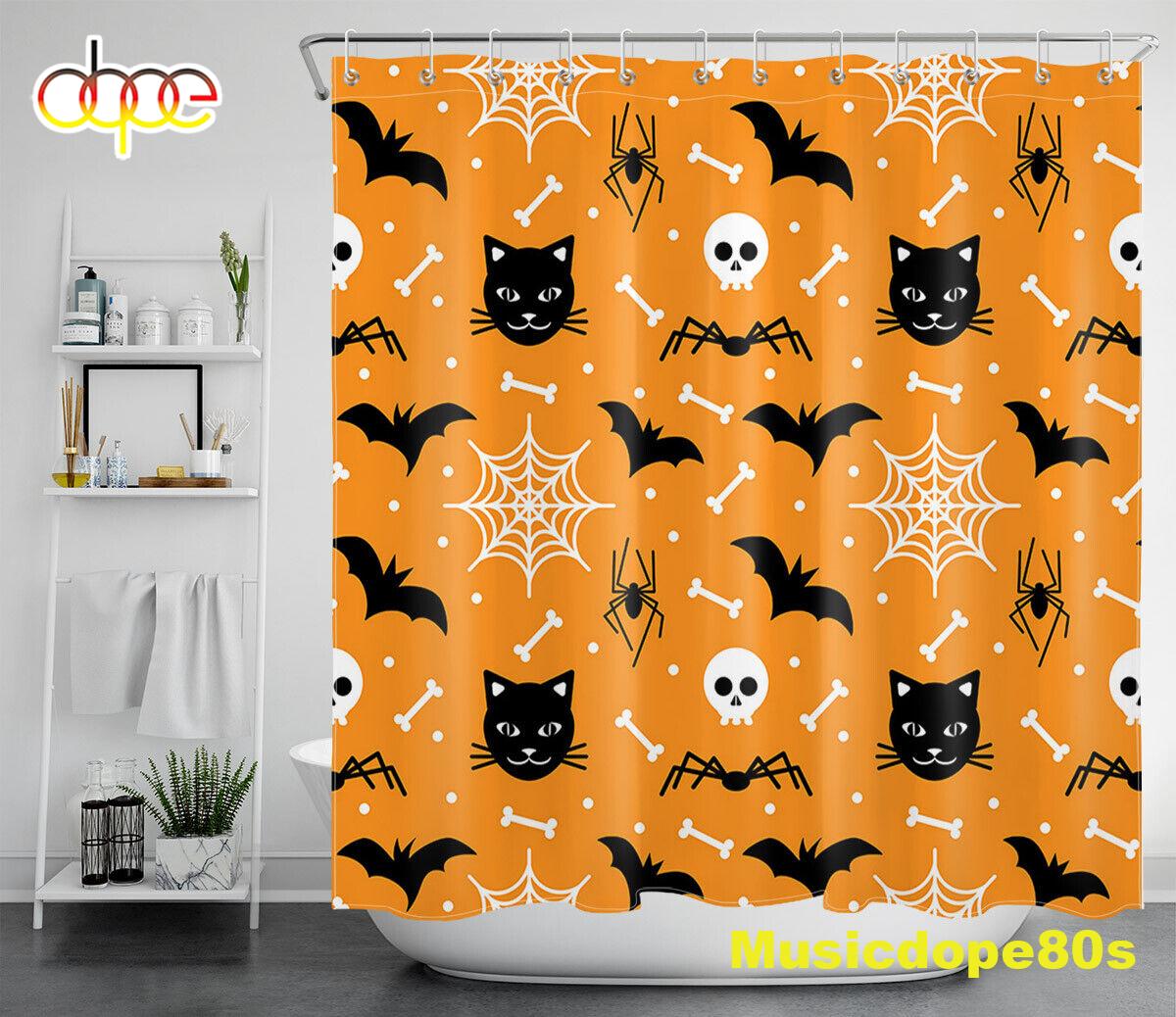 Halloween Skulls Black Cat Spiders Graffiti Waterproof Fabric Shower Curtain 1