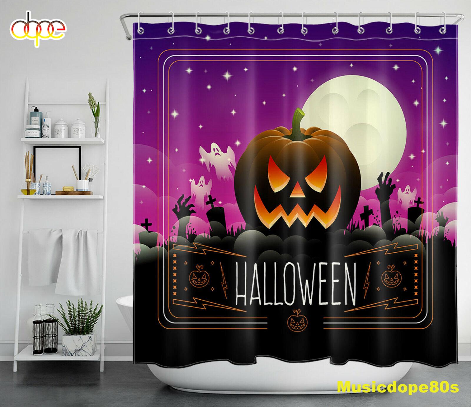 Halloween Stars Full Moon Ghost Pumpkin Lantern Shower Curtain 1