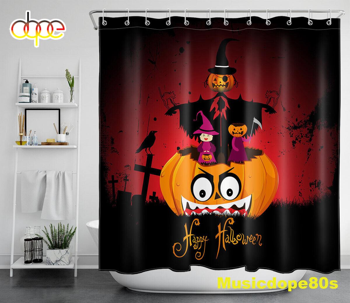 Halloween Trick Or Treat Pumpkin Scarecrow Waterproof Fabric Shower Curtain 1