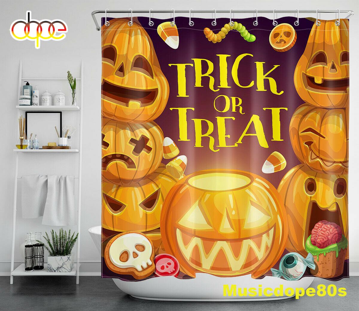 Halloween Trick Or Treat Pumpkins Candy Waterproof Fabric Shower Curtain 1