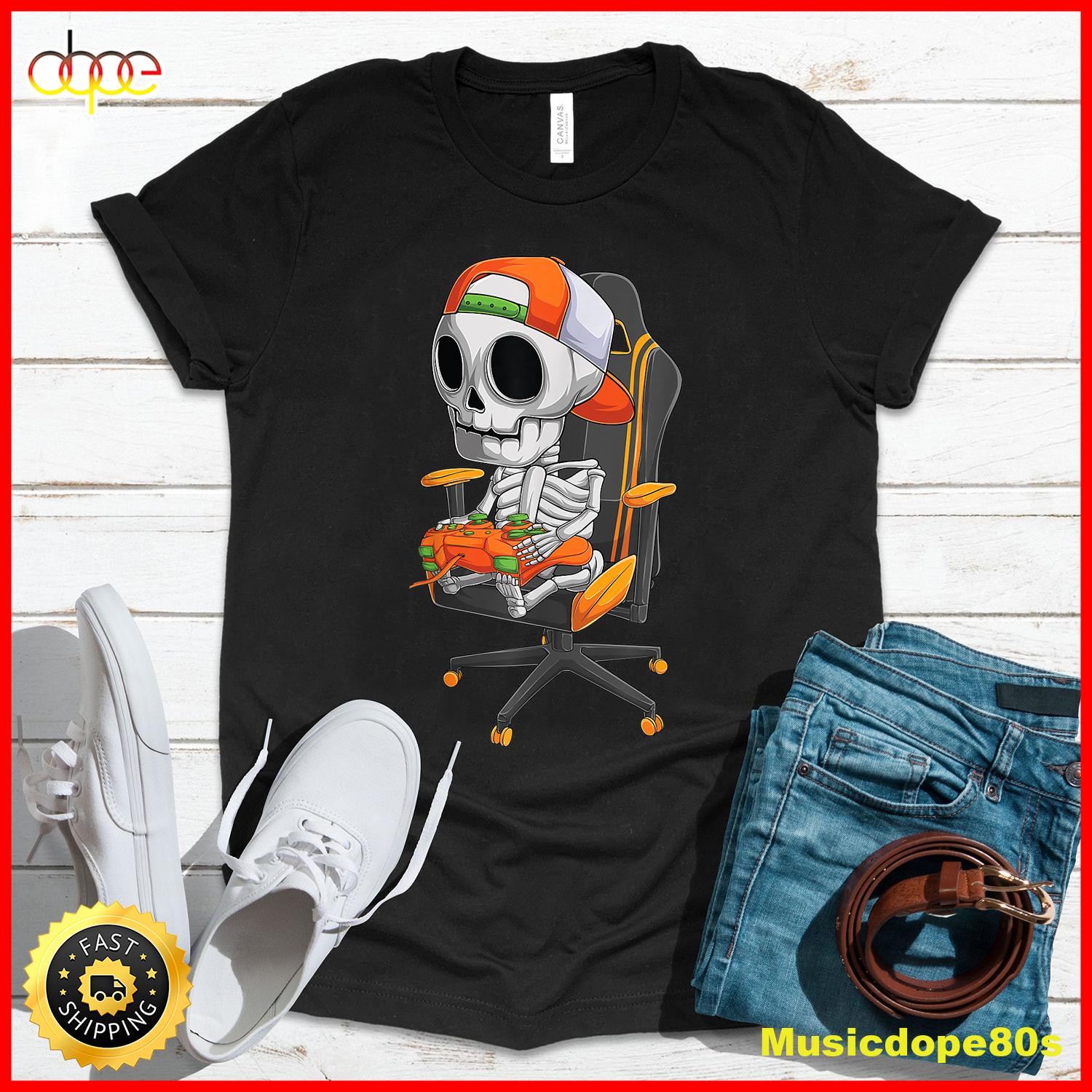 Halloween Skeleton Gamer Video Gaming Boys Men Kids Teens T Shirt