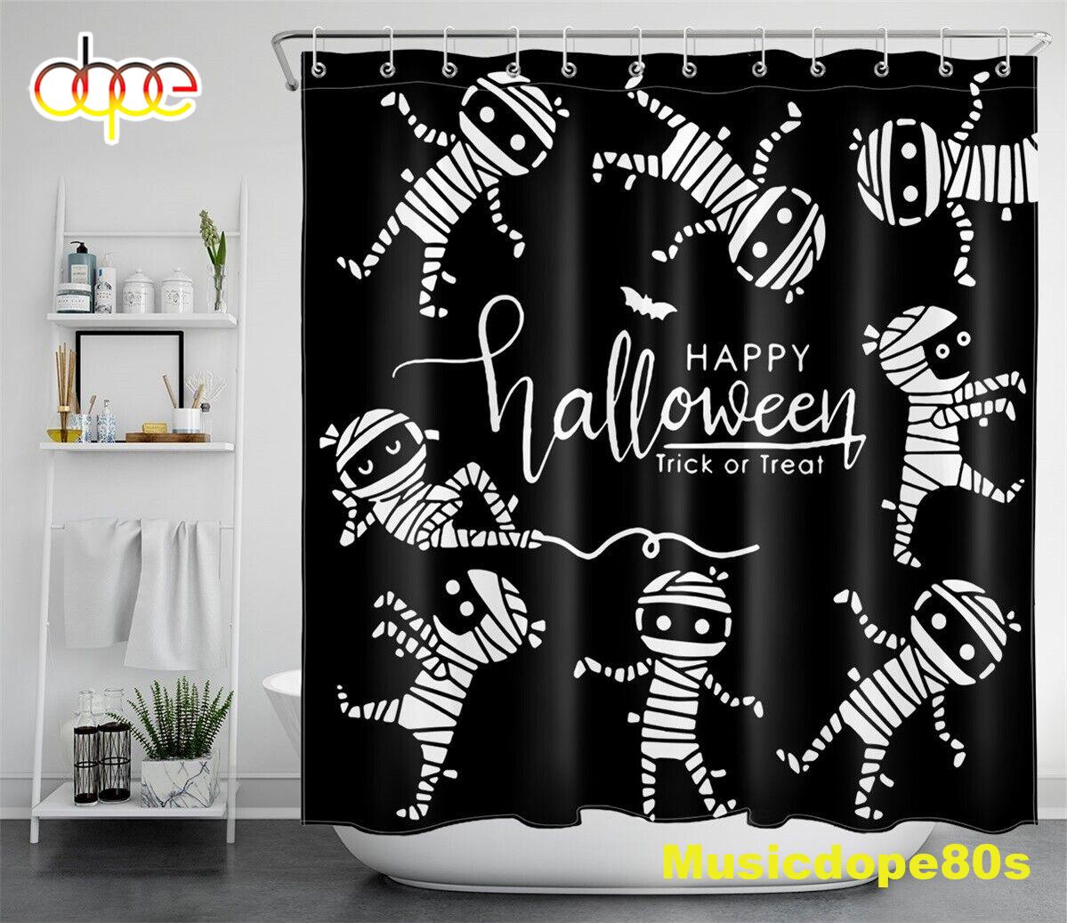 Happy Halloween Cartoon Zombie Black White Waterproof Fabric Shower Curtain 1