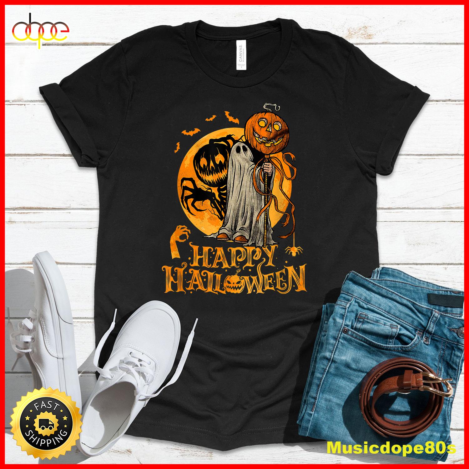 Happy Halloween Pumpkin Ghost Autumn Leaves Graphic Art T Shirt