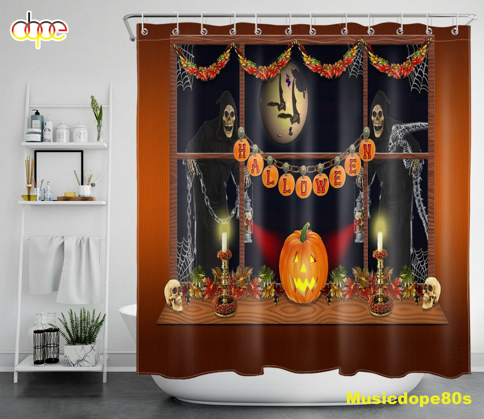Happy Halloween Pumpkin Ghost Spider Web Shower Curtain