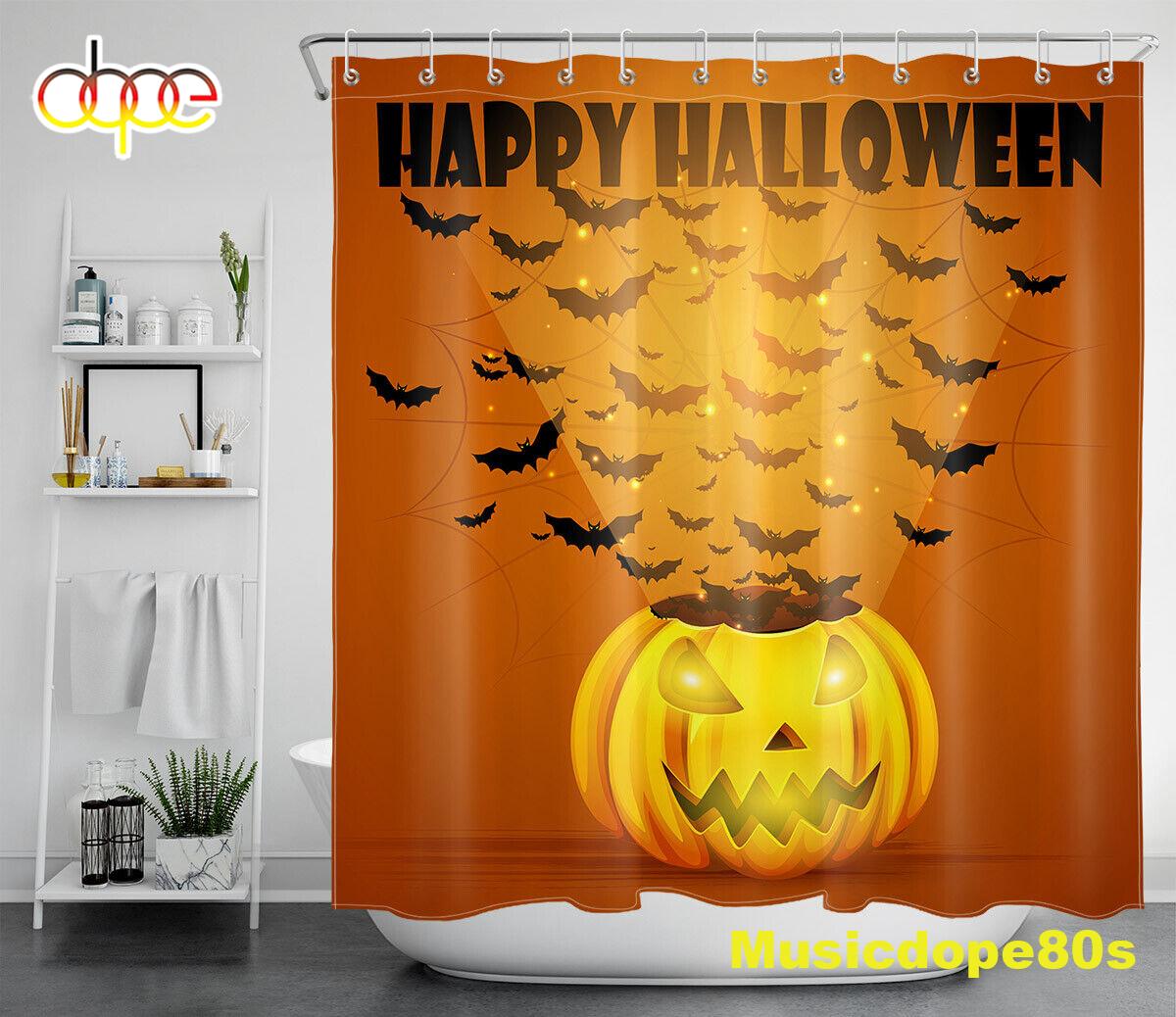 Happy Halloween Pumpkin Lantern Bats Flock Waterproof Fabric Shower Curtain 1